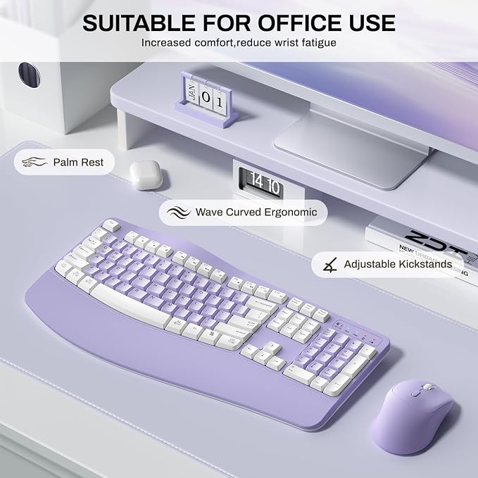 Wireless Keyboard and Mouse Combo,2.4G Ergonomic Wave Keys(Purple-A) | Full Size Cordless Keyboard with Wrist Rest,3-Level DPI Ergonomic Mouse for Office and Home,Windows/Mac OS/Desktop/Laptop/PC - Image 2
