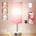 Dicoool Pink Bedside Table Lamp for Girls Bedroom - USB A+C Charging Ports | 3 Color Temperatures, Bulb Included, Pink Fabric Shade, White Metal Base, Cute Pink Room Decor, 14" Desk Lamp for Kids Dorm by DicooolDirect