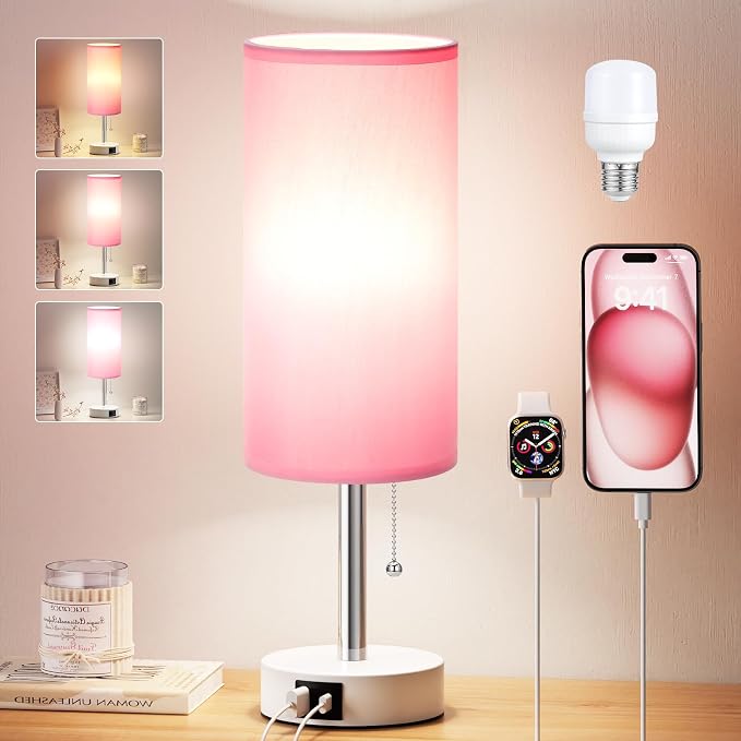 Dicoool Pink Bedside Table Lamp for Girls Bedroom - USB A+C Charging Ports | 3 Color Temperatures, Bulb Included, Pink Fabric Shade, White Metal Base, Cute Pink Room Decor, 14" Desk Lamp for Kids Dorm by DicooolDirect