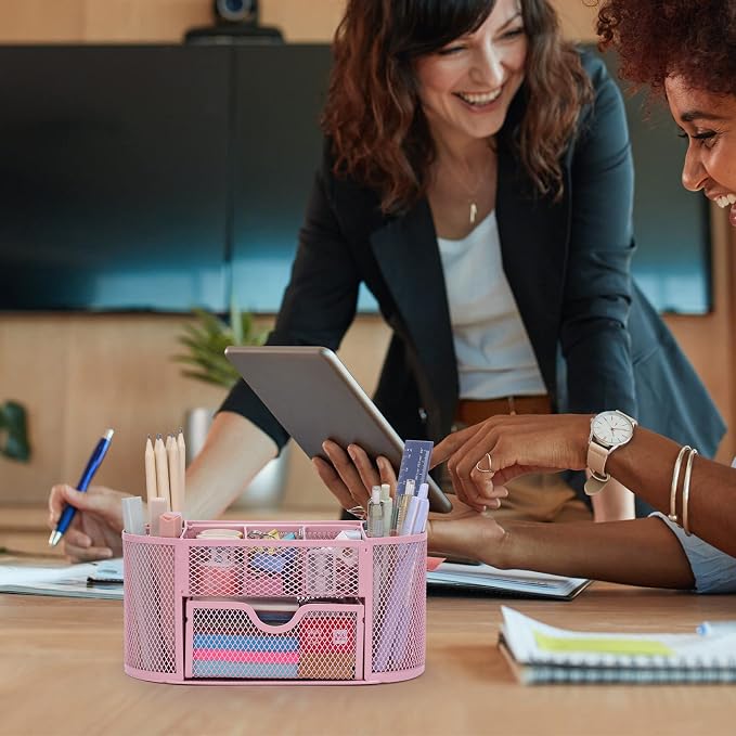 EOOUT Pink Desk Organizer Mesh Pencil Holder 8 Compartments 1 Drawer | Pink Desk Accessories, 8 Compartments, Pull-Out Drawer, for Pens Pencils Scissors Notes, School and Office Supplies - Image 7