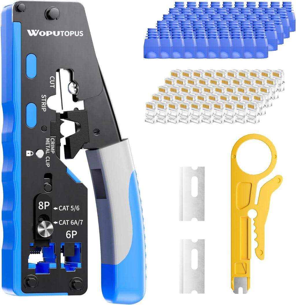RJ45 Crimp Tool Kit Pass Through, Ethernet Crimping Tool for Cat5/5e/6/7, Includes 50-Pack Cat6 Pass Thru Connectors and 50-Pack Boots by WOPUTOPUS