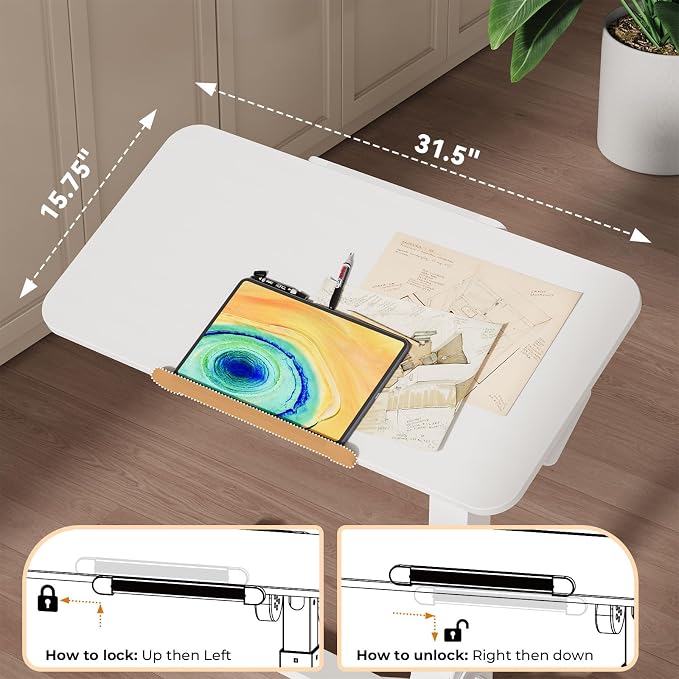 JOY worker Foldable Mobile Standing Desk on Wheels, 180° Tilt Bedside Table | Height Adjustable, 31.5" White MDF Board with Lips, Collapsible Top & Base for Storage, Rolling Laptop Desk for Home Hospital - Image 8