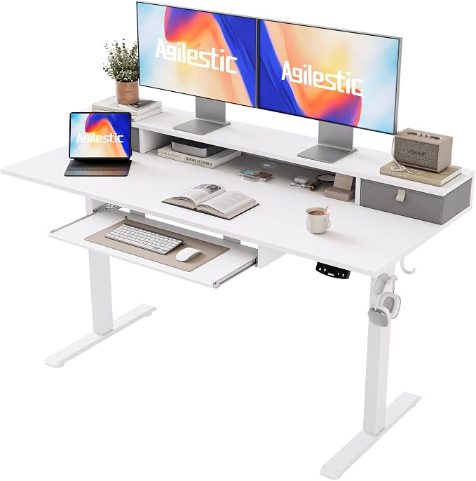 Agilestic 55 Inch Standing Desk with Drawers & Keyboard Tray, White | Electric Height Adjustable, 2 Storage Drawer, Monitor Stand, Sturdy Steel Frame, Memory Presets, Hooks, 154 lbs, Splice Board by Agilestic