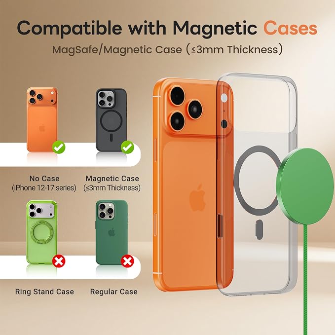 MagSafe 25W Magnetic Wireless Charger Fast Charging Pad for iPhone | Compatible with iPhone 17 17e 16 15 14 Pro Max Google Pixel 10, Slim Compact, For Desk Bedside Travel, Dark Green - 2Pack - Image 7