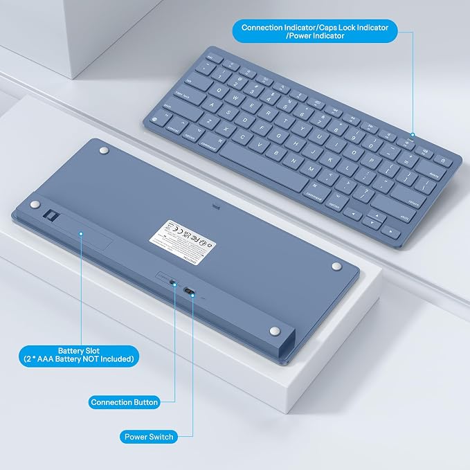 OMOTON Wireless Keyboard for Mac, Bluetooth Stable, No Numpad, Travel Size | macOS Hotkeys, AAA Battery Powered, Compact Portable for Coffee Shop Office, Ergonomic for MacBook Pro/Air/Neo/iMac, Blue - Image 4