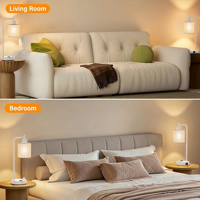 Industrial Table Lamps with Linen Shade, Set of 2 Fully Dimmable Bedside Lamps with USB A+C Ports and Outlet, White Nightstand Desk Lamps for Bedrooms Living Room Office, 2 LED Bulbs Included - Image 8