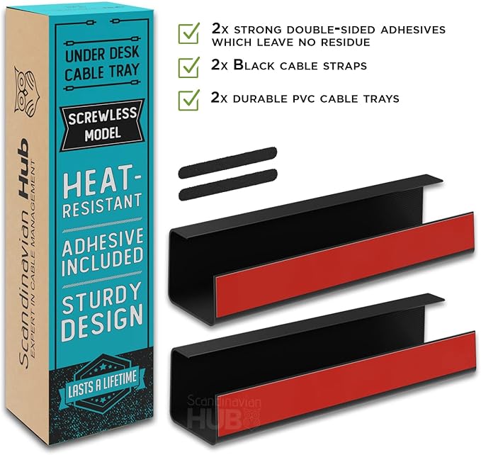 Scanfield Under Desk Cable Management Tray, No-Screw, 17-Inch, 2-Pack Black | Clear the Workspace Fast with Super Strong 24-Hour Cure Adhesive, 5″ Interior for Power Strips, Chargers and Bundled Cords - Image 5