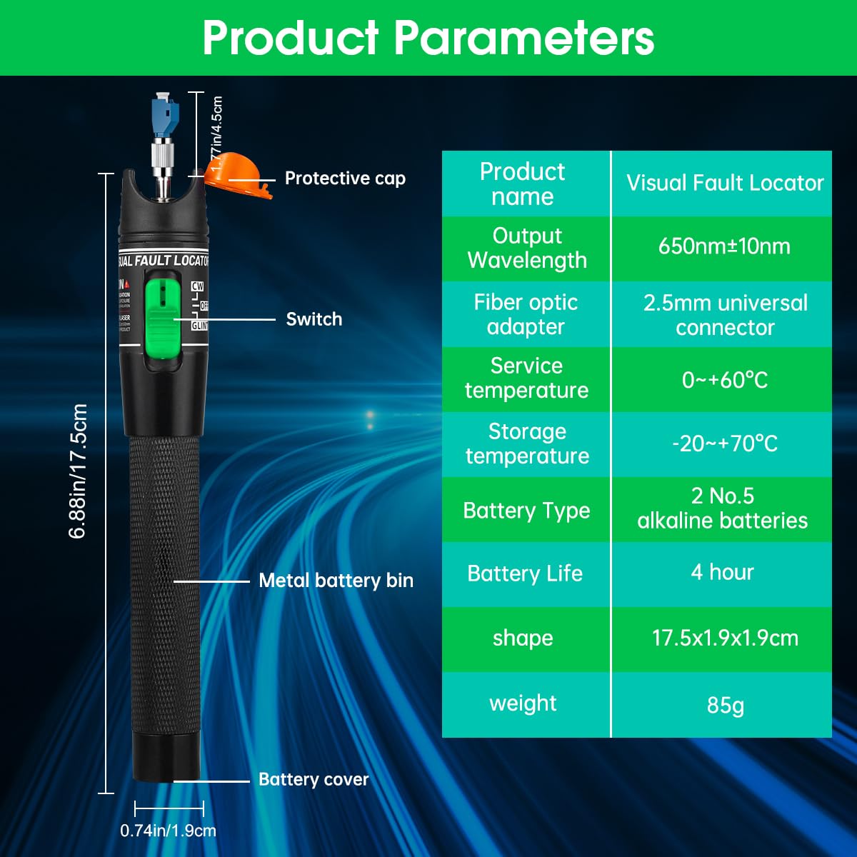 Moocci 3 Pcs Visual Fault Locator Fiber Optic Tester - Fiber Optic Cable Tester Meter with FC to LC Adapter - Tools Kit for FC/SC/ST/LC Connector,Network Cable Test - Green Purple Blue - Image 5