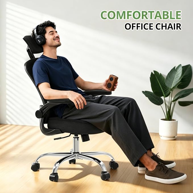 Office Chair Ergonomic Desk Chair, 330LBS Capacity, High Back Computer Chair for Long Hours Comfortable, Rolling Swivel Executive Task Chair for Home Office with Flip-up Armrests, Black Black-Chrome - Image 5