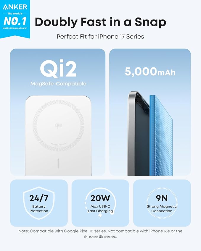 Anker Nano Magnetic Power Bank, 5,000mAh Qi2-Certified 15W Portable Charger (White) | Ultra-Slim Wireless Battery Pack with Ergonomic Design, Compact for Travel, for iPhone 17 / 16 Series and More - Image 2