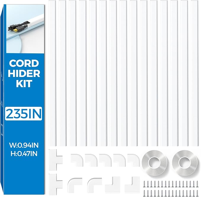 Yecaye 235in Wall Cord Hider for 2-3 Cords, W0.94in H0.47in, White | Medium Cord Covers for Wires on wall, On-Wall Cord Cover Cable Concealer by Yecaye