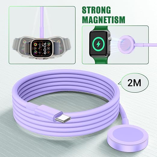 Apple Watch Charger Fast Charging, USB C Magnetic iWatch Fast Charging Cable Cord 6ft and iPhone Type C Wall Charger Block Plug for Apple Watch Series Ultra 2/Series 11/10/9/8/7/SE/6/5/4/3/2-Purple - Image 2