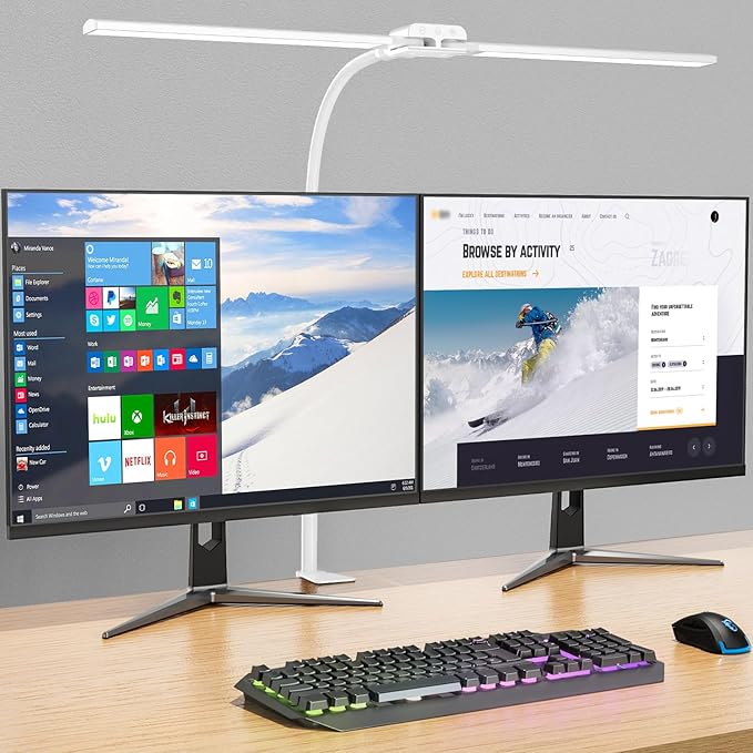 LED Desk Lamp with Clamp, Double Head for Dual Screen, 4 Color Modes,White | Eye-Caring 1200LM Desk Lights for Home Office Monitor Computer Workbench,3000-6000K Dimmanle Table Lamp Memory & 30-Min Timer by KableRika