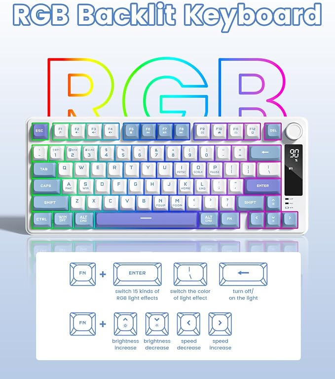 Womier DK75 75% Wireless Gaming Keyboard, RGB Backlit Creamy Keyboard with Media Knob, OLED Screen, Tri-Mode 2.4GHz/USB-C/BT5.0, Anti-Ghosting No-Conflict Silent Membrane Keyboard for MAC Windows - Image 6