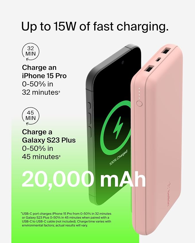 Belkin 20000mAh 15W 3 Port Power Bank, USB A to USB C Cable Included | Fast Charging, iPhone 17, Samsung Galaxy, Pixel, Airpods, iPad, Nintendo Switch 2, Battery Pack, USB C Port, USB A Port - Image 8