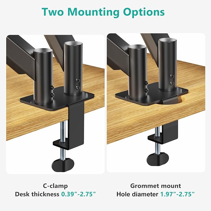 WALI Adjustable Dual Monitor Arm for 13-27 inch Screens, 19.8 lbs per Arm | Dual Monitor Desk Mount, Full Motion with Tilt, Swivel, Rotation, C-Clamp & Grommet Base, VESA 75/100mm (GSMP002), Black - Image 6