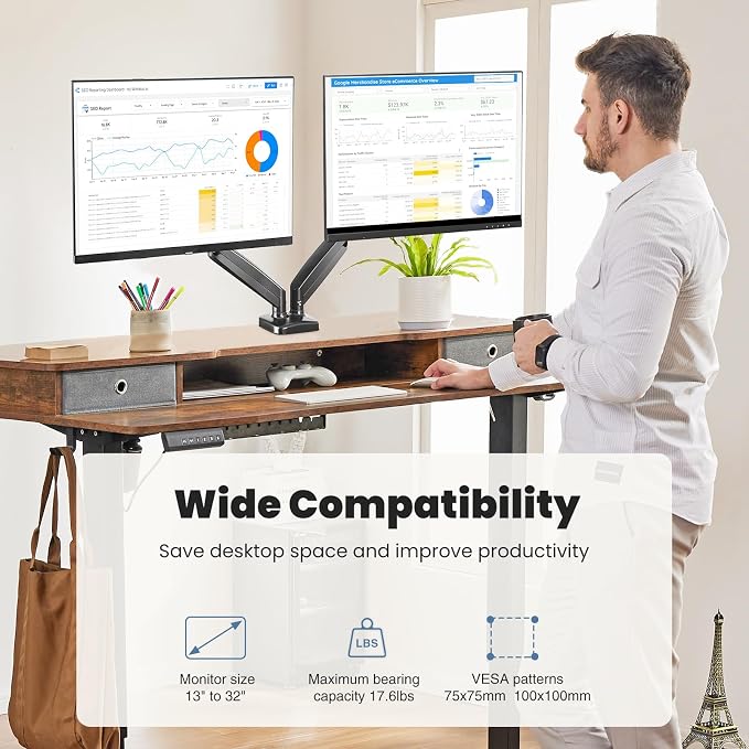 OLIXIS Dual Monitor Mount for Desk, Gas Spring Monitor Arm for 2 Monitors Max 32 Inches, Fully Adjustable Double VESA Mount with C-Clamp/Grommet Base, Holds Screen 17.6 lbs - Image 3