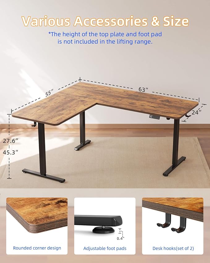 YIHAYO L Shaped Standing Desk Adjustable Height, 63 x 55 Inches Electric Corner Standing Desk with Splice Board, Computer Desk for Home Office, Rustic Brown - Image 2