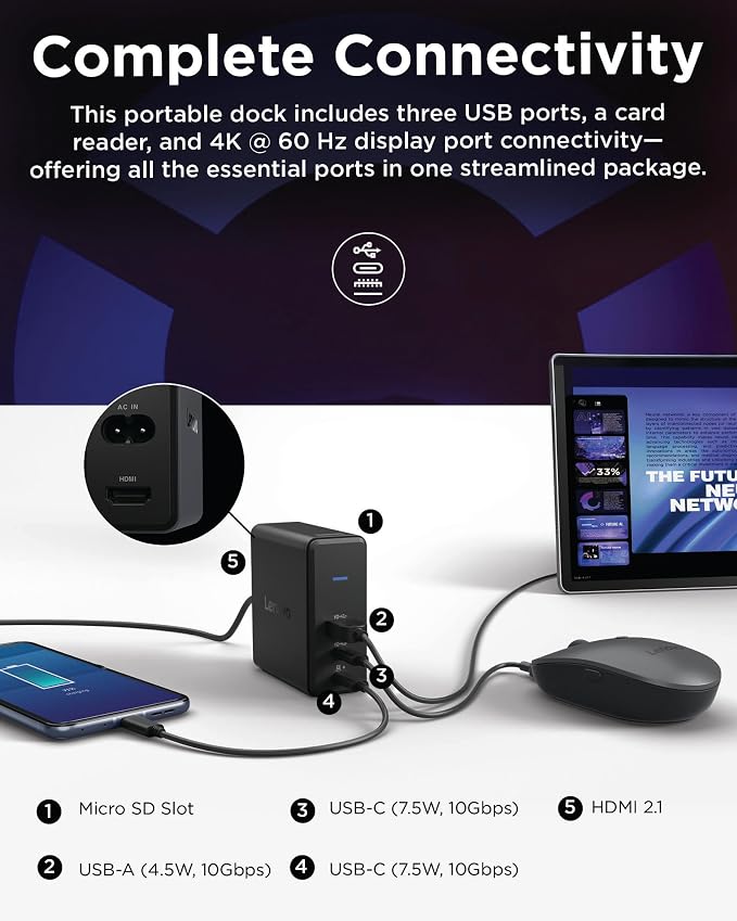 Lenovo GaN Charging Dock, Multiport Docking Station w/ 60W PD, HDMI, USB-C, USB-A, Micro SD, Power Adapter & Dock in One, Compact Design, Sustainable Materials, Home Office Gaming Dock Stand Console - Image 4