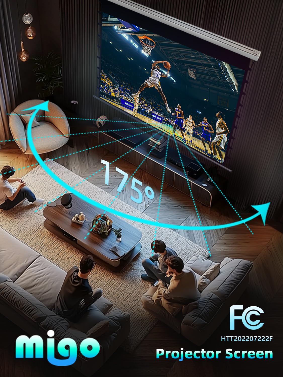 MIGO 100 Inch Tab-Tensioned Projector Screen,Electric Projector Screen Pull Down with 4K HD Partial Ambient Light Movie Screen,Wall Mount Ceiling Mount Automatic Screen for Indoor Home Theater Bedroom - Image 8