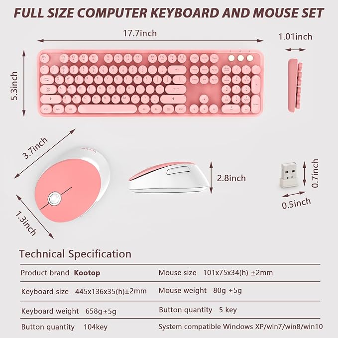 Wireless Keyboard and Mouse Combo, 2.4G Typewriter, Pink | Retro Full Size Computer Keyboards, Cute Mouse, USB Dongle Plug and Play, for PC,Laptop,Desktop,Windows - Image 9