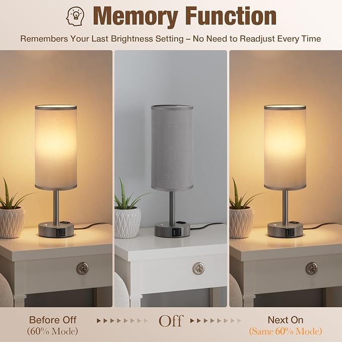 Grey Touch Bedside Lamp for Bedroom, Stepless Dimmable, USB A+C, AC Outlet | Base Touch Button Only, Memory Brightness, Ultra-dim Night Light, Included Bulb for Optimal Dimming, Grey Fabric Shade, Desk - Image 3