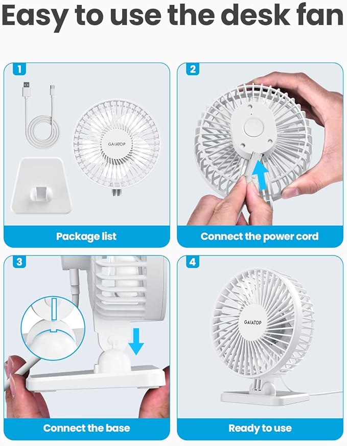 Gaiatop USB Desk Fan, Personal Portable Quiet Small Table Desktop fan | Powerful Mini 3 Speeds, Adjustable Head, for Cooling Home Office Car Summer Travel Gifts White - Image 4