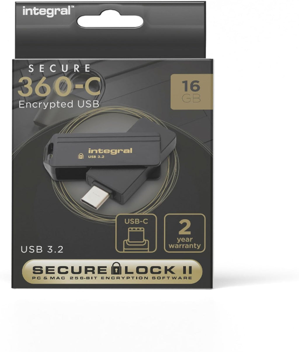Integral Secure 360-C 16GB Software Encrypted USB Flash Drive - USB-C Connector - 256-bit AES encryption - Compatible with Mac, MacBook, PC, Laptop by Integral