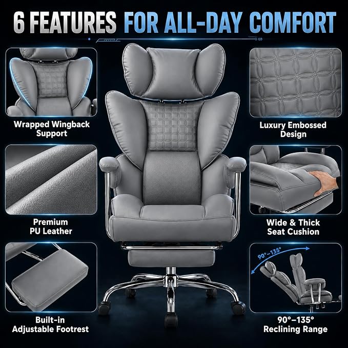 Big and Tall Office Chair 350 LBS, Scratch-Resistant PU Leather Executive Office Desk Chair with Footrest, Ergonomic Reclining Computer Chair with Pocket Spring Support for Home Office, Grey - Image 3