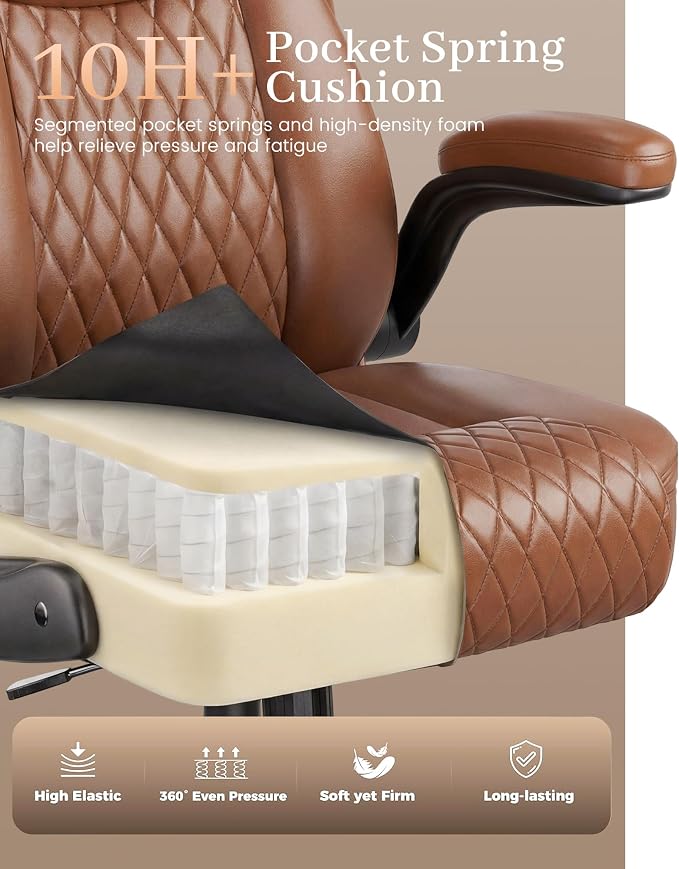 COMHOMA Mid-Back Office Chair, Ergonomic PU Desk Chair with Flip up Arms, Small Computer Gaming with Comfy Lumbar Support,Rocking Function,Sturdy Metal Base, Brown - Image 5