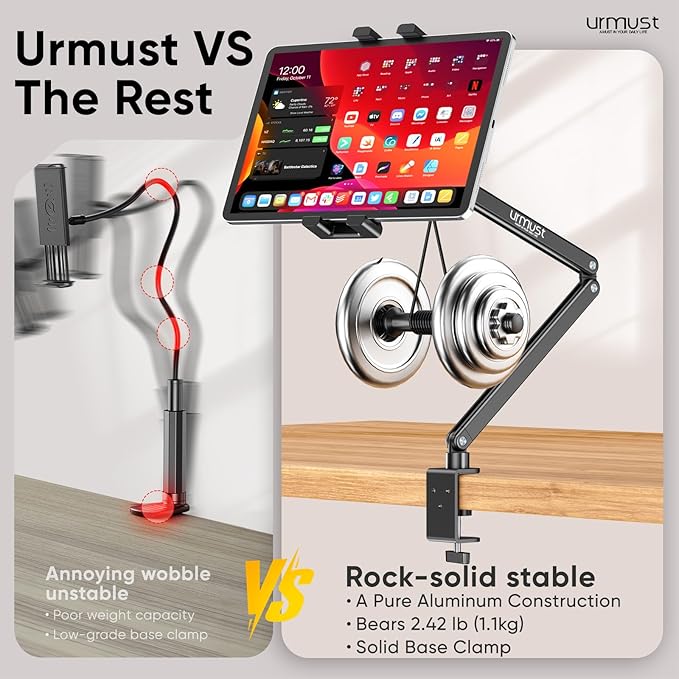 Portable Monitor Stand 15.6" Dual Arm iPad Stand for Desk | Portable Monitor Holder 18.5", Adjustable Tablet Holder for Bed, Aluminum Arm Mount for Second Screens, iPad, Galaxy Tab - Image 6