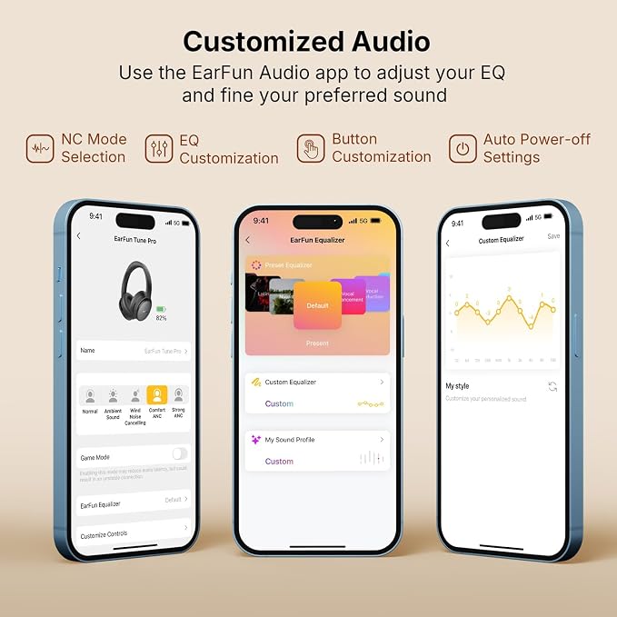 EarFun Tune Pro Active Noise Canceling Headphones, Wireless Headphones | 5 Mics Clear Call, 120H Playtime, Bluetooth 5.4, Hi-Res Audio, Multipoint Connection, Custom EQ via App, Comfortable Fit - Image 8