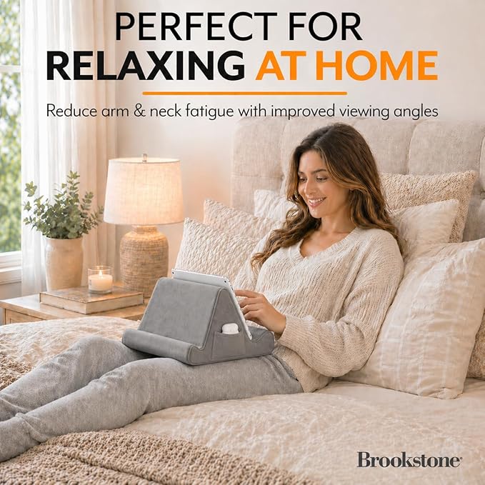 Brookstone Tablet Lap Cushion - Tablet/Phone/Ebook Holder for Bed, Flights, and Travel, Memory Foam Lap Desk for Reading and Hands Free Viewing, Compatible iPad and Kindle Accessories, Grey - Image 2