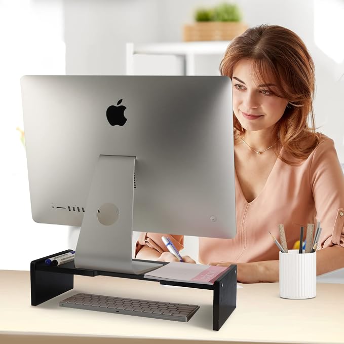 Solid Wood Monitor Stand Riser, Monitor Riser with 2 Adjustable Height, 15.8 inch Computer Riser for Computer, iMac, PC, Printer, Computer Monitor Stand for Home & Office, Black - Image 5