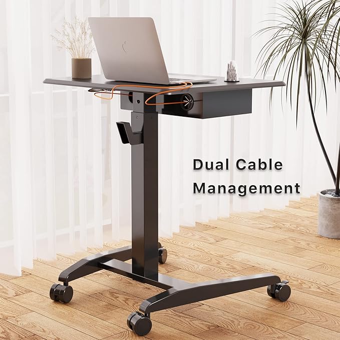 JOY worker Rolling Laptop Desk with Drawer, 28" Black Mobile Standing Desk | Pneumatic Height Adjustable, Open Storage Shelf, 4 Rolling Wheels, Portable Sit Stand Desk, Home Office School, Holds 22lbs - Image 6