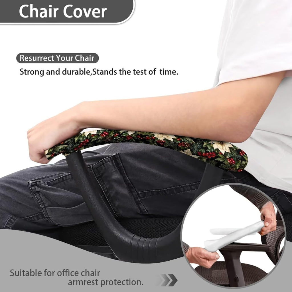 Christmas Floral Print Office Chair Arm Rest Slipcover Sets of 2 Anti-Dust Gaming Chair Armrest Covers Universal Fits Rotating Desk Gaming Chairs, Easy to Install & Clean - Image 4