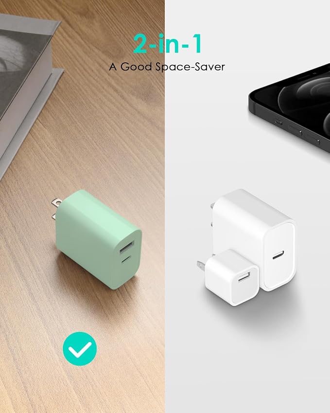 [4 Pack] USB C Charger Block Fast Charging Multiport Adpater [PD 20W USB-C & QC 3.0 USB-A Port] for iPhone 17/16/15/14/13/12/11/X/8, iPad, Galaxy, Google & More [Green] - Image 4