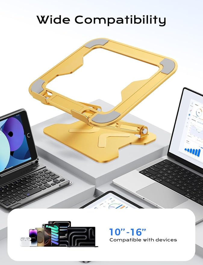 JCZT Adjustable Laptop Stand for Desk, Metal Foldable Laptop Riser, Gold | Ergonomic Portable Laptop Stand, Ventilated Cooling Computer Notebook Holder for MacBook Air Pro, All 10-16'' Laptops - Image 5