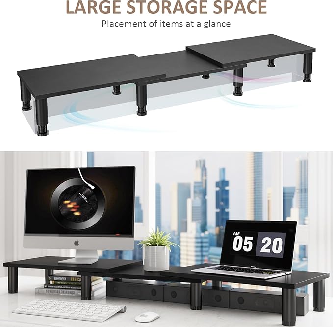 Dual Monitor Stand Riser, Monitor Stand with Adjustable Height Steel leg, Wood Monitor Stand for Desk, Monitor Riser for 2 Monitors with Storage Space Black - Image 3