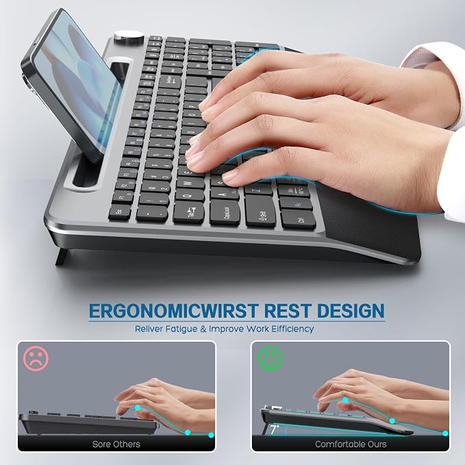 GAMCATZ Ergonomic Wireless Keyboard with Wrist Rest-Low-Profile,Phone/Tablet Holder,Quiet Design，Windows & Mac OS，Full Size Cordless USB Computer Keyboard for Desktop,Laptop, PC, Mac, Windows-Black - Image 2