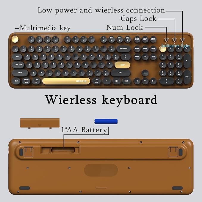 Colorful Wireless Computer Keyboards Mouse Combos (Black Brown) | UBOTIE Polychrome Round Keycaps Retro PC keyboards 2.4GHz Radio Frequency Connection With Optical Mouse Power Switch - Image 6