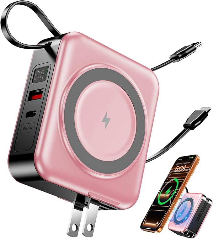 for Magsafe Portable Charger with Built-in Cables and AC Wall Plug, 10000mAh Magnetic Wireless Power Bank 22.5W Type-C in & Out Fast Charging Battery Pack for iPhone 17/16/15/14/13/12 Series, Pink by Unknown