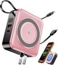 for Magsafe Portable Charger with Built-in Cables and AC Wall Plug, 10000mAh Magnetic Wireless Power Bank 22.5W Type-C in & Out Fast Charging Battery Pack for iPhone 17/16/15/14/13/12 Series, Pink by Unknown
