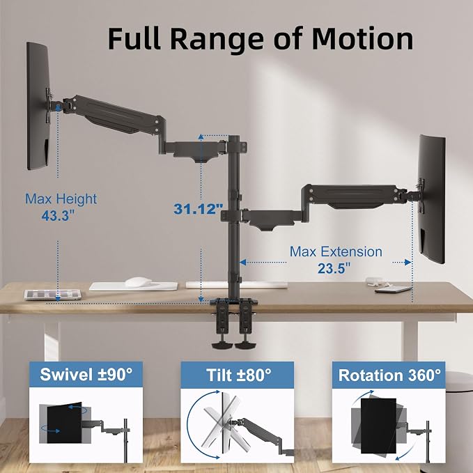 Suptek Dual Monitor Mount Stand-Height Adjustable Gas Spring Monitor Arm Desk Mount for 2 Computer Screens 17 to 32 inches - Each Arm Holds up to 22lbs (MD8822) - Image 3