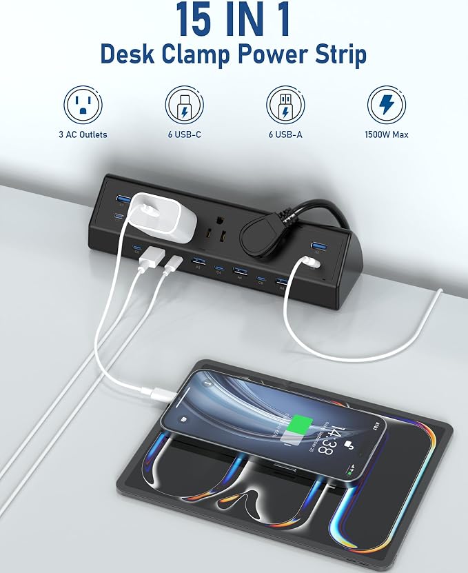 Jgstkcity 130W Desk Clamp Power Strip, 12 USB Ports (6 PD 65W USB-C),Surge Protector,ETL Listed Power Hub Extension Cord,Fast Charging Station for Home Office Desk Edge Mount (Black, 12 USB-130W) - Image 4