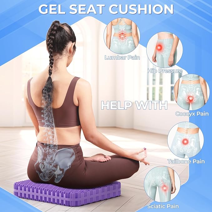 TushGuard Gel Seat Cushion for Long Sitting, Breathable Thick Patent Design | Enlarged Cooling Chair Pad for Office Chair, Wheelchair, Desk Chair, Supportive Car Cushion (2"Thick, Black+Violet) - Image 6