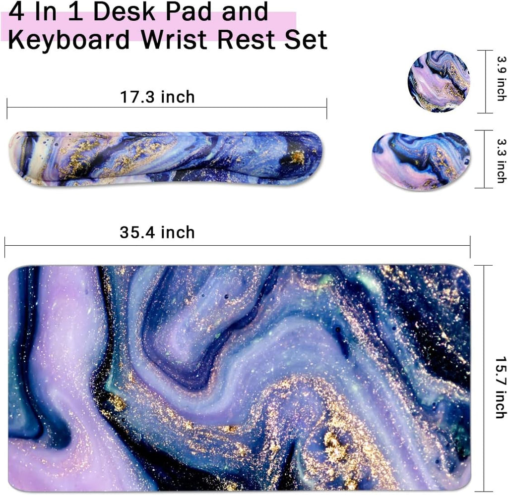 4-in-1 Large Gaming Mouse Pad, Keyboard Wrist Rest Pad & Wrist Support Mousepad Set, Extended Desk Pad Waterproof Desk Mat for Home Office Study Game - Purple Marble - Image 2