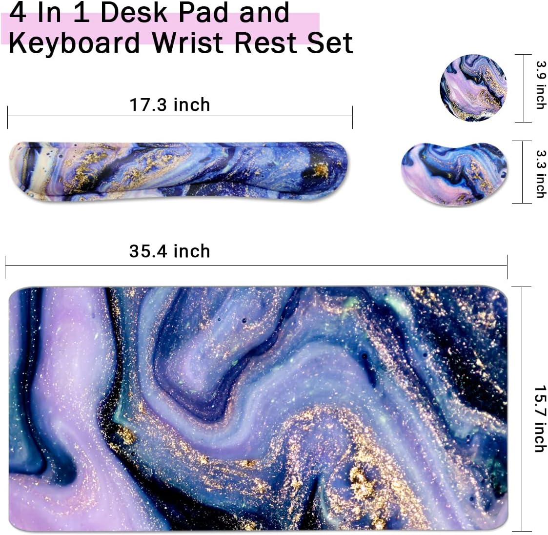 4-in-1 Large Gaming Mouse Pad, Keyboard Wrist Rest Pad & Wrist Support Mousepad Set, Extended Desk Pad Waterproof Desk Mat for Home Office Study Game - Purple Marble - Image 2