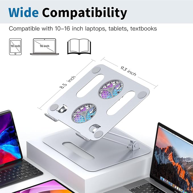 YICOSUN Adjustable Laptop Cooling Stand with 2 Quiet Fans & RGB Lighting, Aluminum Alloy & Foldable Ergonomic Design for MacBook, Lenovo, ASUS, Dell 10-16 Inch, Perfect for Gaming, DJ, Office - Silver - Image 7