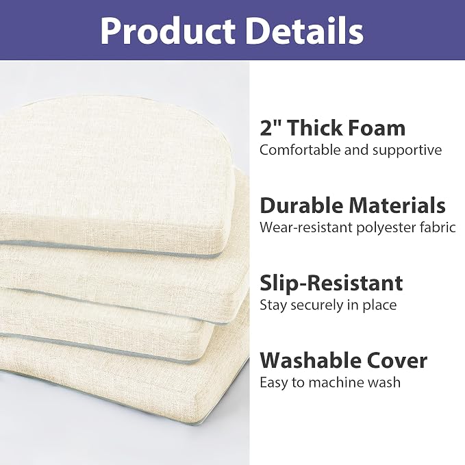 IPYNBAP Chair Cushions for Dining Chairs, Kitchen Chair Cushions, 16'' x 16'' x 2'', Non Slip Indoor Seat Cushions, Chair Pads for Dining Chairs with Ties & Removable Cover, Set of 2, Beige - Image 7